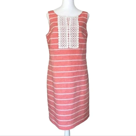 Talbots Coral Striped Sheath Dress Sz 10 Crochet Sleeveless Linen Cotton Blend‎ - Picture 2 of 9